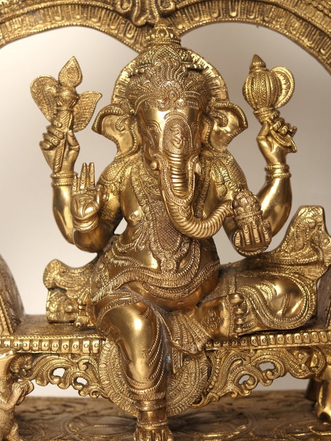 22" Size Enthroned Ganesha In Brass | Handmade | Made In India