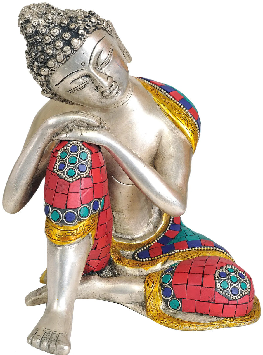 7" Thinking Buddha Brass Sculpture Handmade