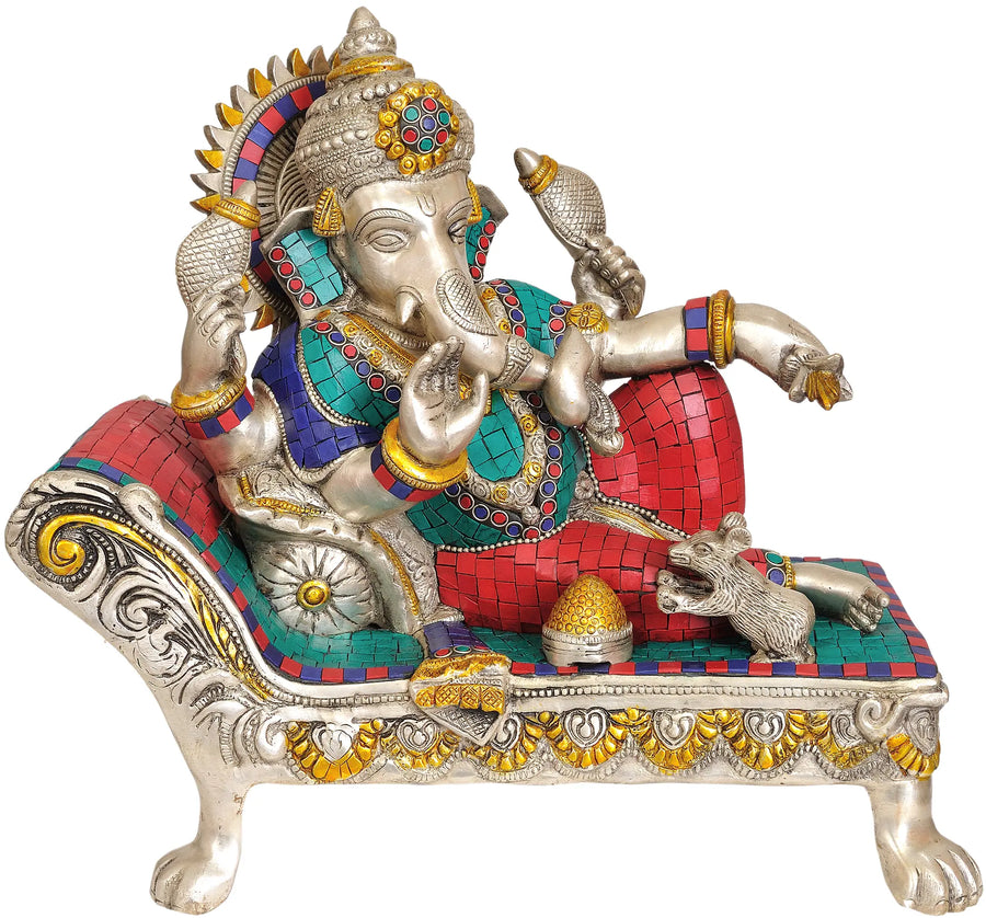 14" Reclining Ganesha Brass Statue Handmade