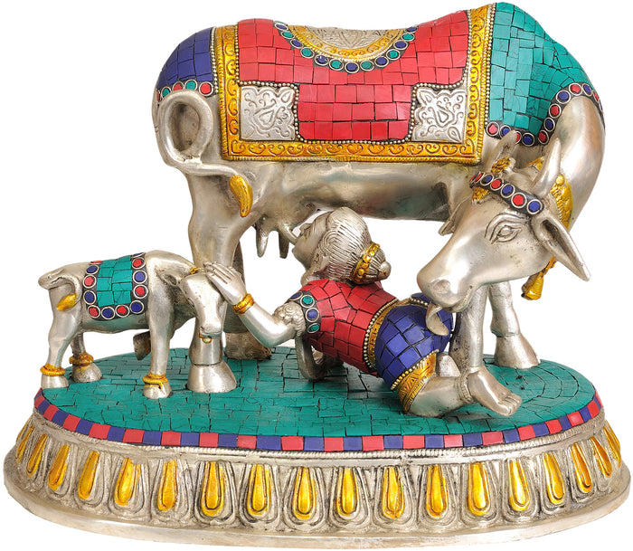 10" Baby Krishna Drinking Milk Handmade Brass Statue