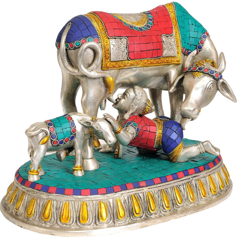 10" Baby Krishna Drinking Cow's Milk | Handmade Brass Statue | Made in India