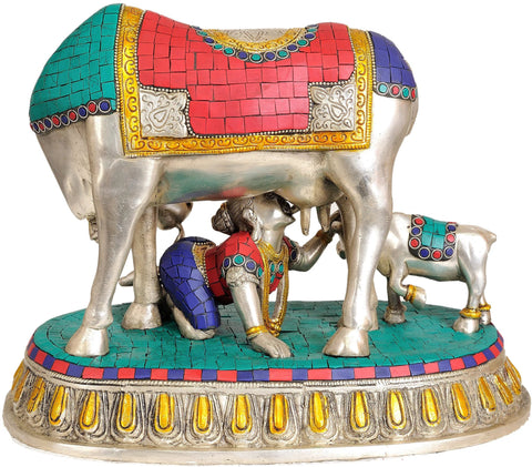 10" Baby Krishna Drinking Cow's Milk | Handmade Brass Statue | Made in India