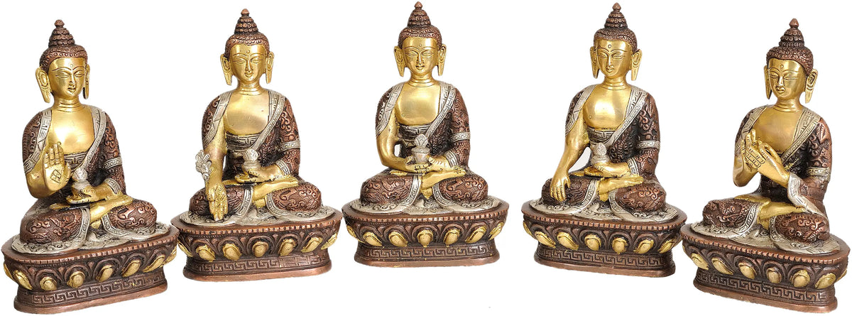 7" Tibetan Buddhist Deities Set of Five Buddhas In Brass | Handmade | Made In India