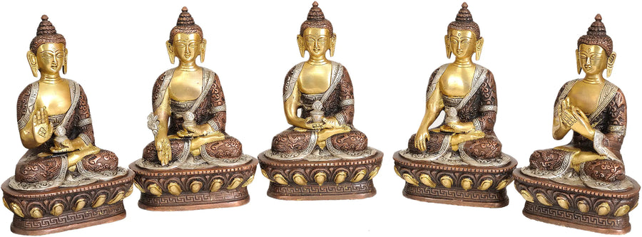 7" Tibetan Buddhist Five Buddhas Brass Statue Set Handmade