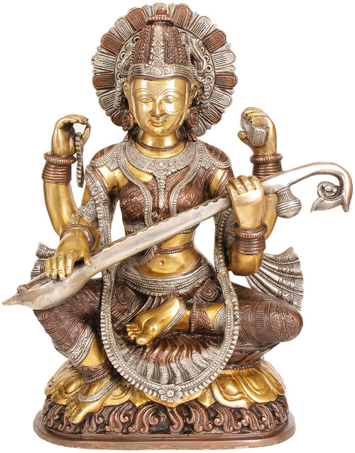 16" Handmade Brass Goddess Saraswati Statue for Home Pooja