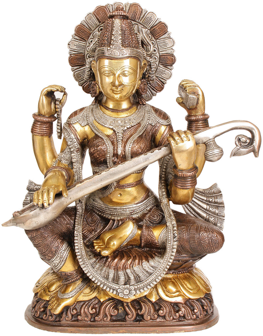 16" Handmade Brass Goddess Saraswati Statue for Home Pooja