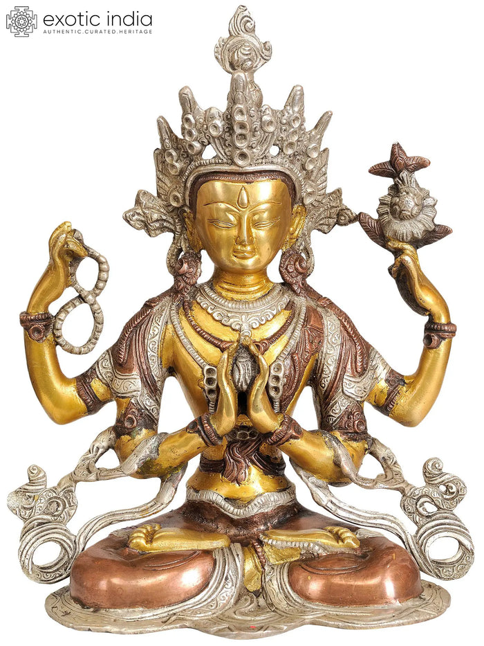 11" Tibetan Buddhist Deity Four-Armed Avalokiteshvara In Brass | Handmade | Made In India