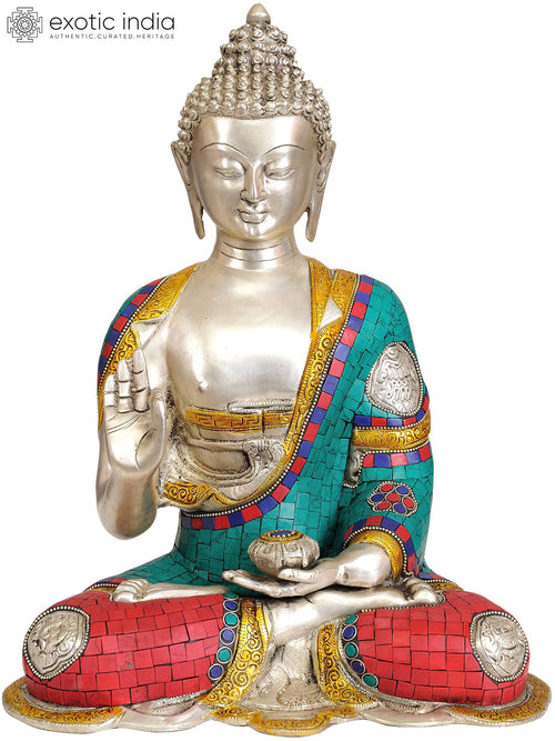14" Brass Buddha Statue in Vitark Mudra Handmade