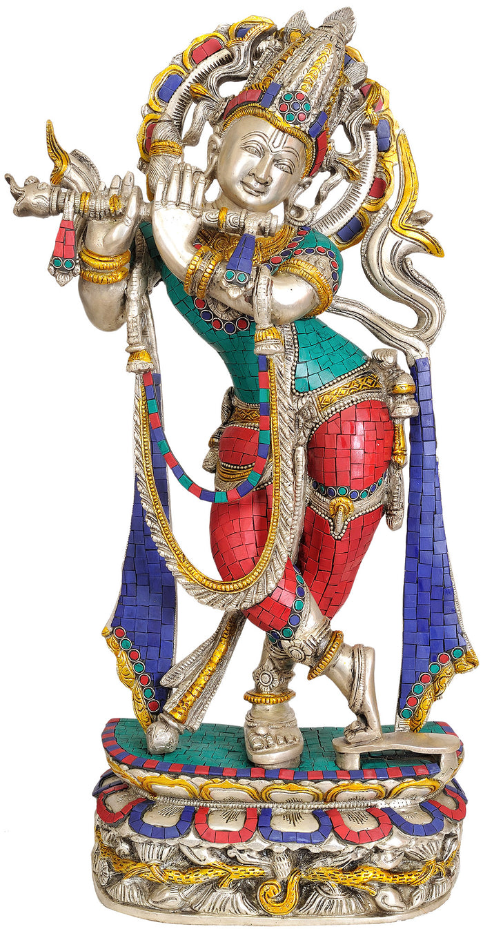 22" Handmade Fluting Krishna Brass Statue