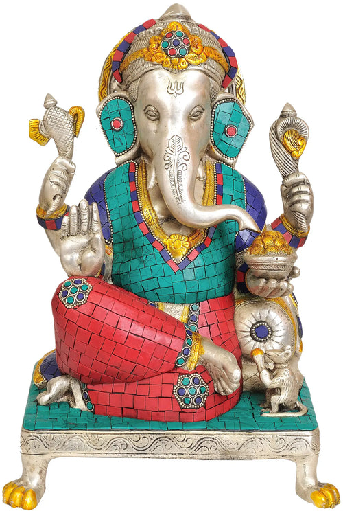 12" Handmade Lord Ganesha Seated Brass Statue with Chowki