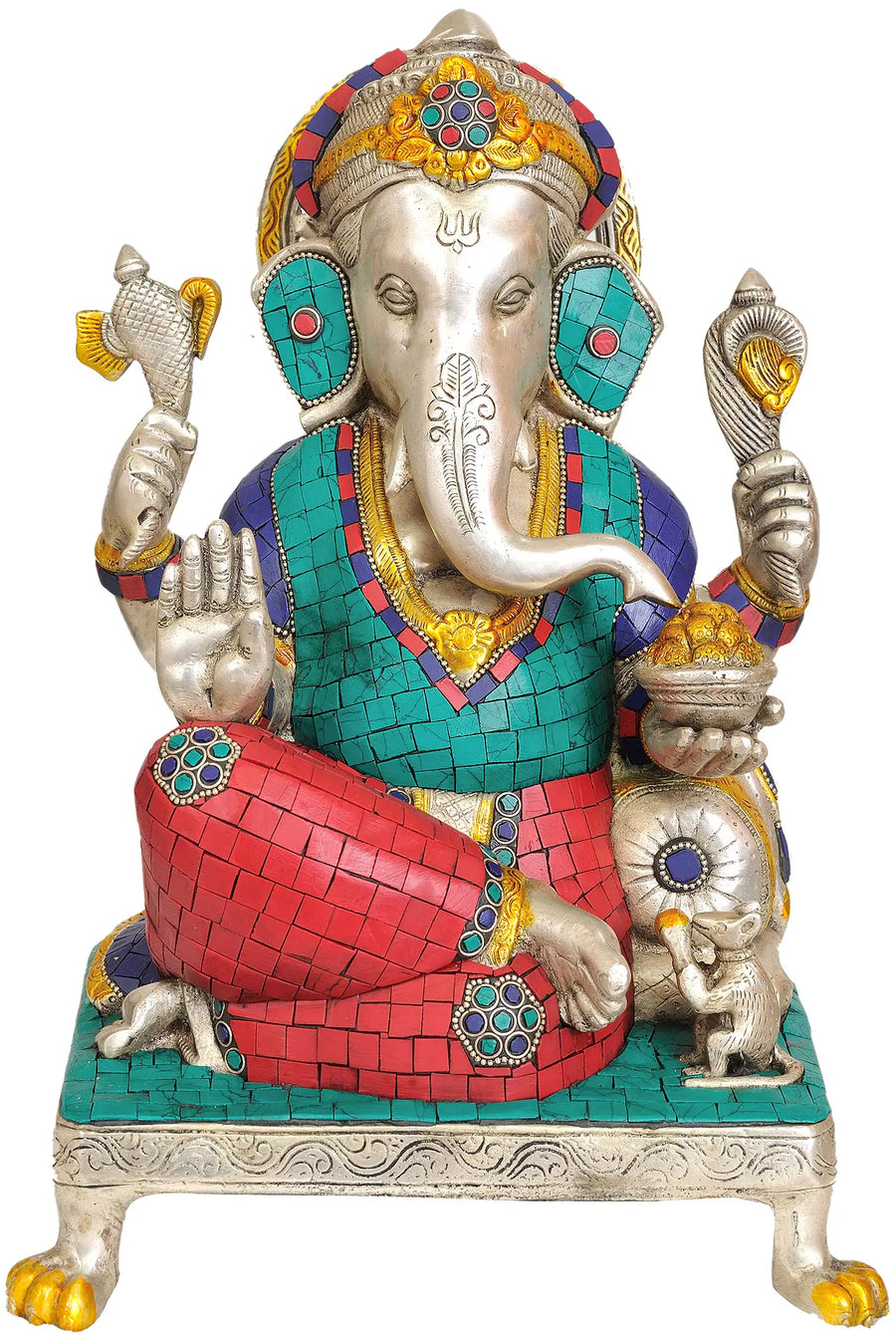 12" Handmade Lord Ganesha Seated Brass Statue with Chowki