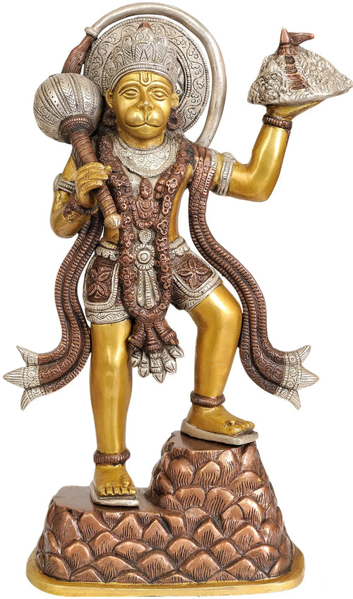 14" Brass Hanuman Carrying Sanjeevani Mountain Statue