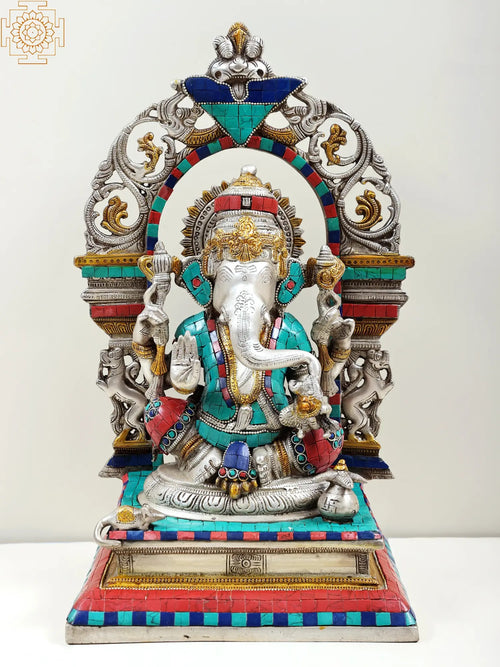 16" Brass Ganesha Statue on Elaborate Throne Handmade