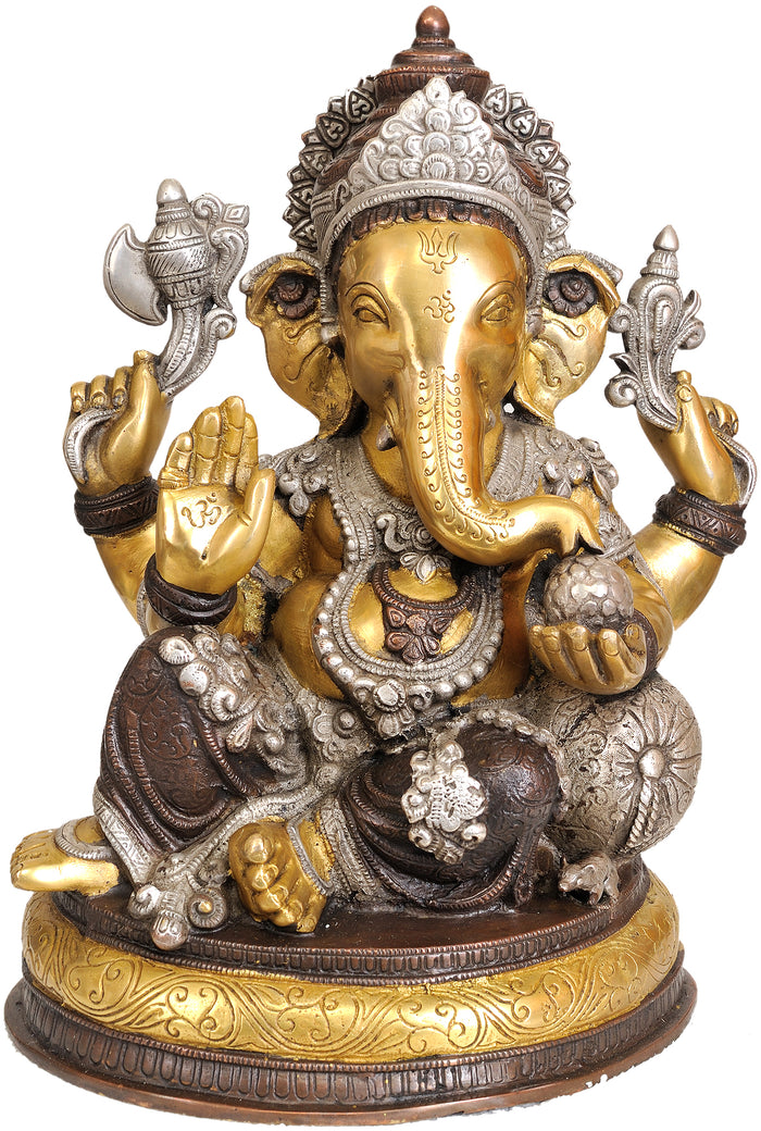 13" Four Armed Seated Ganesha Brass Statue Handmade