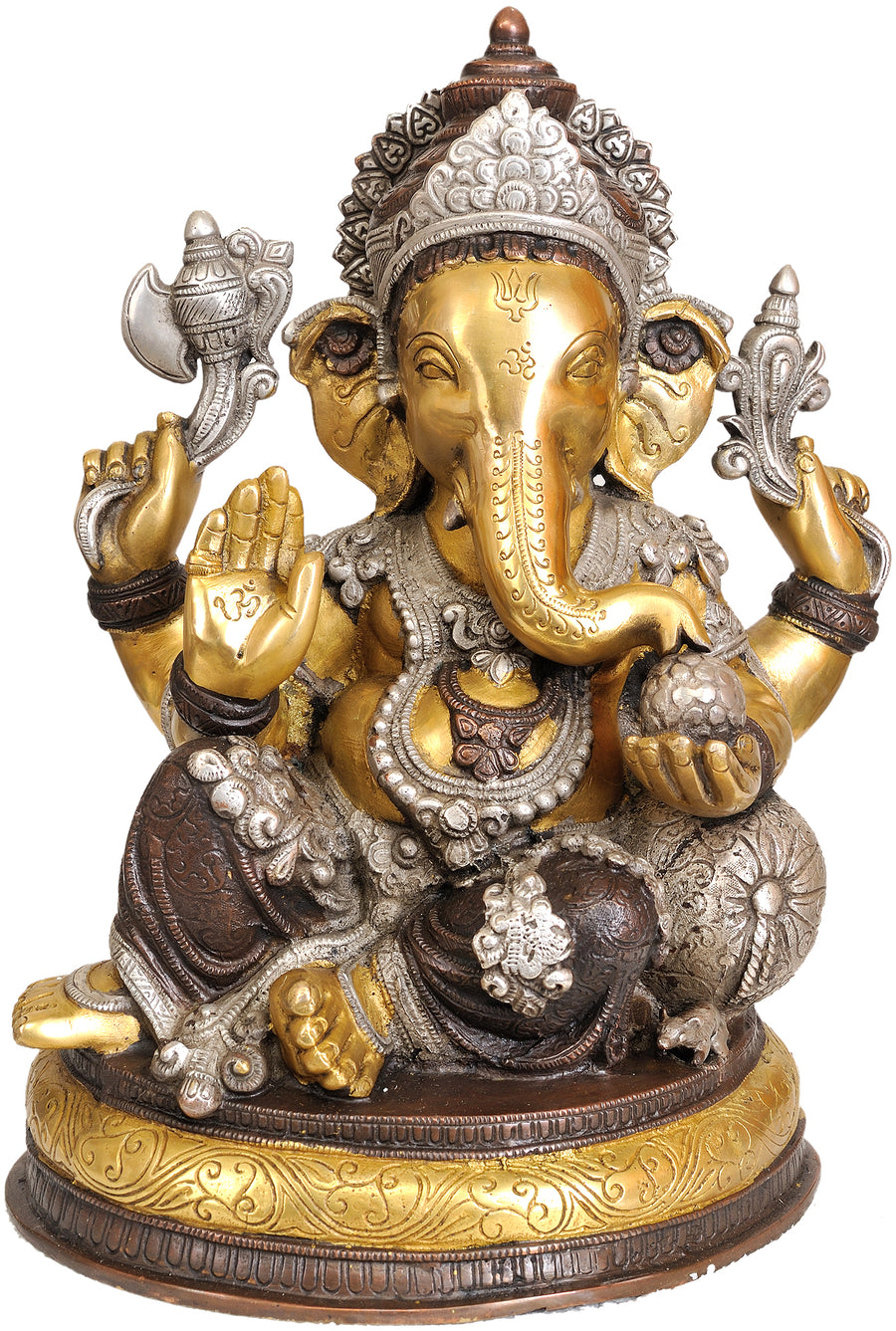 13" Four Armed Seated Ganesha Brass Statue Handmade