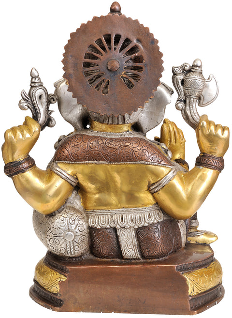 13" Four Armed Seated Ganesha In Brass | Handmade | Made In India