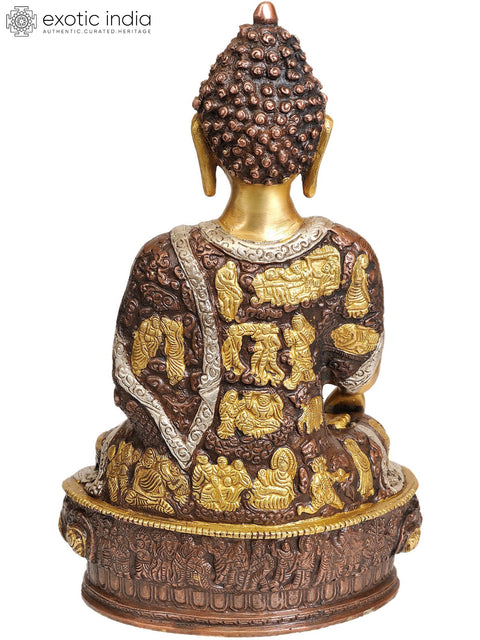11" Lord Buddha in the Bhumisparsha Mudra (Robes Decorated with Scenes from the Life of Buddha) In Brass | Handmade | Made In India