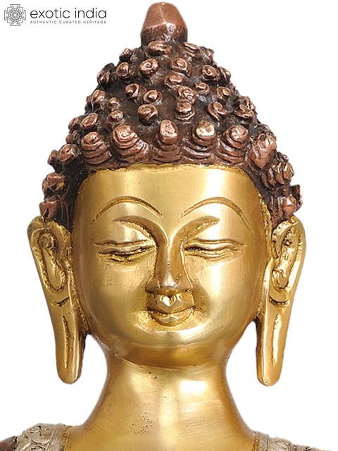 11" Lord Buddha in the Bhumisparsha Mudra (Robes Decorated with Scenes from the Life of Buddha) In Brass | Handmade | Made In India