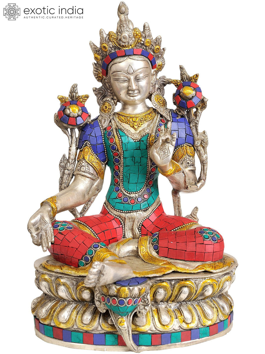 12" Green Tara Handmade Brass Buddhist Statue with Inlay