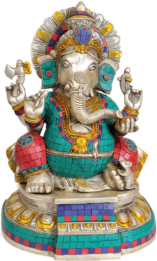13" Handmade Seated Ganesha Brass Statue for Home Pooja