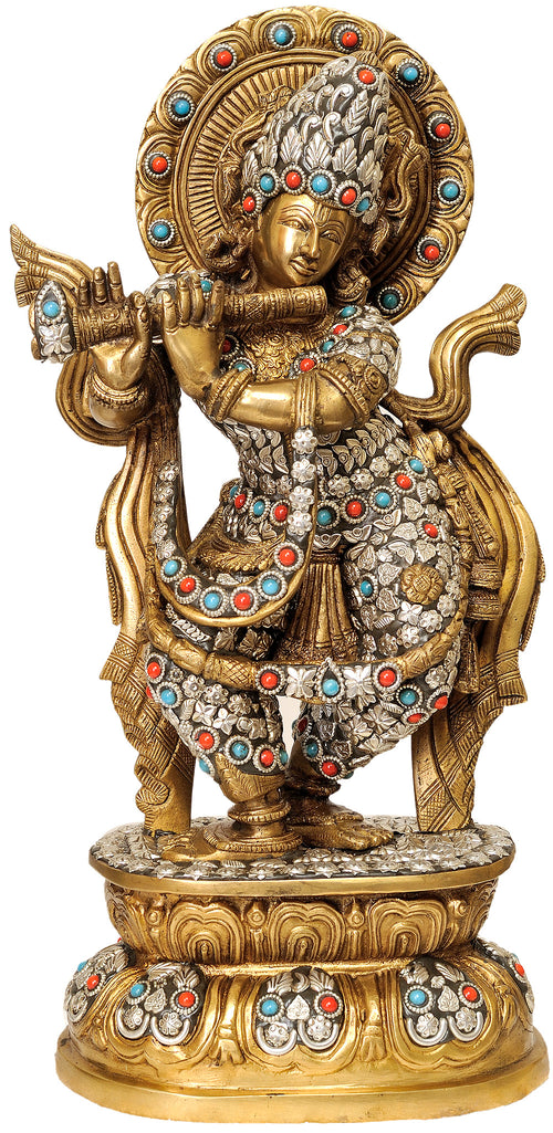 17" Lord Krishna Handmade Brass Statue in Ornamented Costume