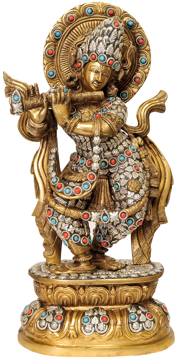 17" Lord Krishna Handmade Brass Statue in Ornamented Costume