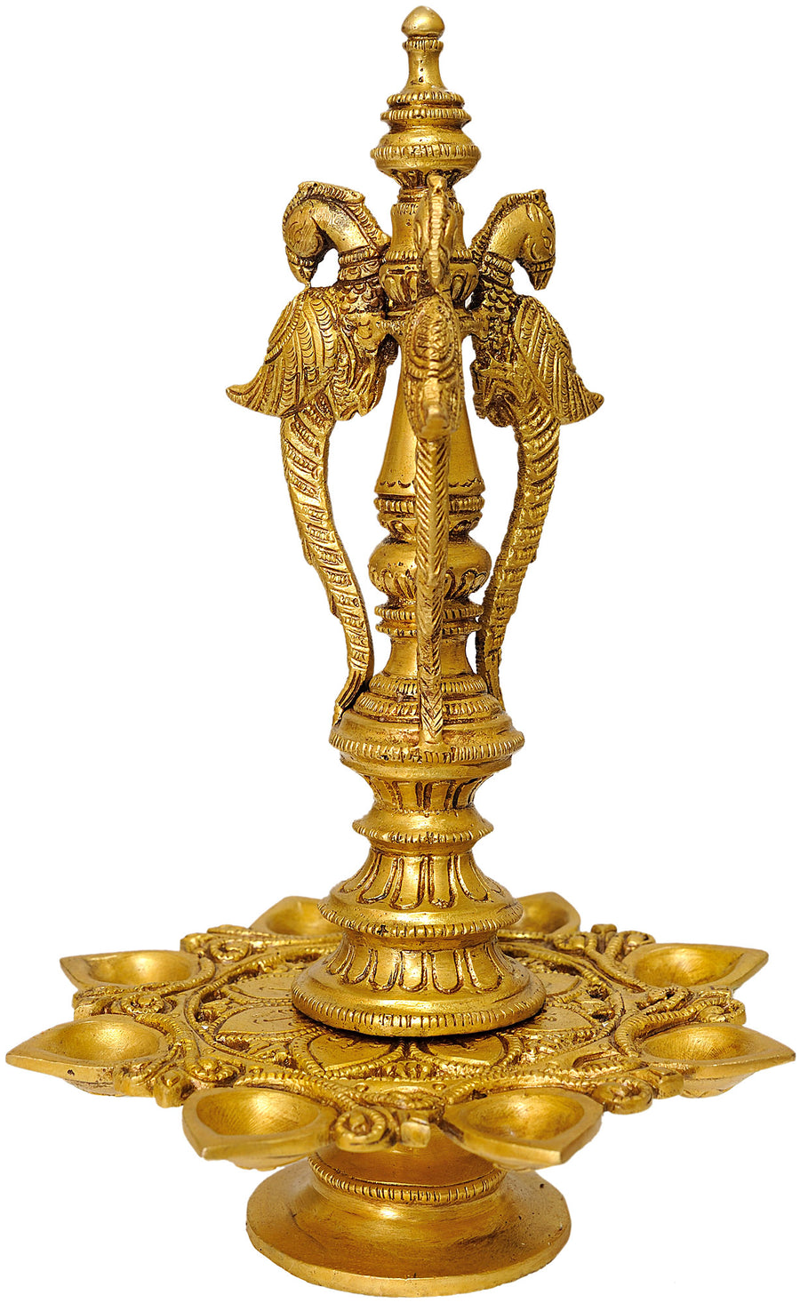10" Brass Peacock Puja Lamp - Handmade