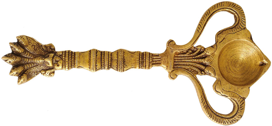 8" Brass Five Hooded Serpent Puja Lamp Handmade