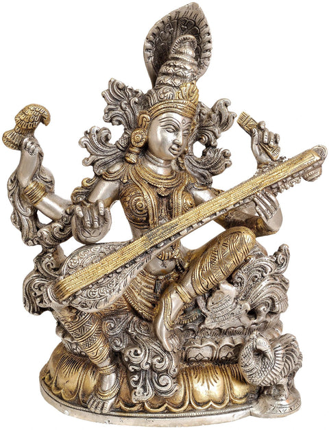 11" Goddess Saraswati Brass Statue | Handmade | Made In India