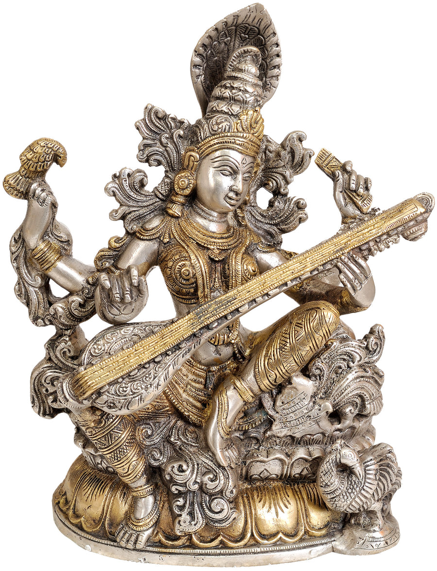 11" Handmade Goddess Saraswati Brass Statue for Pooja