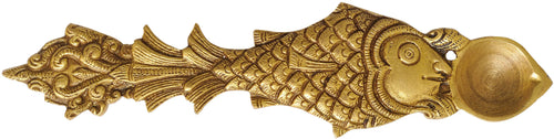 Hand-Held Brass Puja Diya with Fish Handle