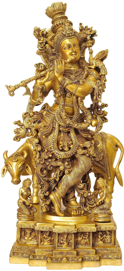 28" Brass Venugopala Idol (Pedestal Engraved with the Bal Leela of Krishna) | Handmade