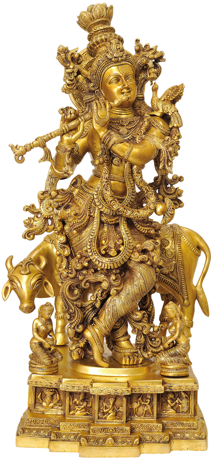 28" Brass Venugopala Idol with Engraved Pedestal and Krishna Bal Leela