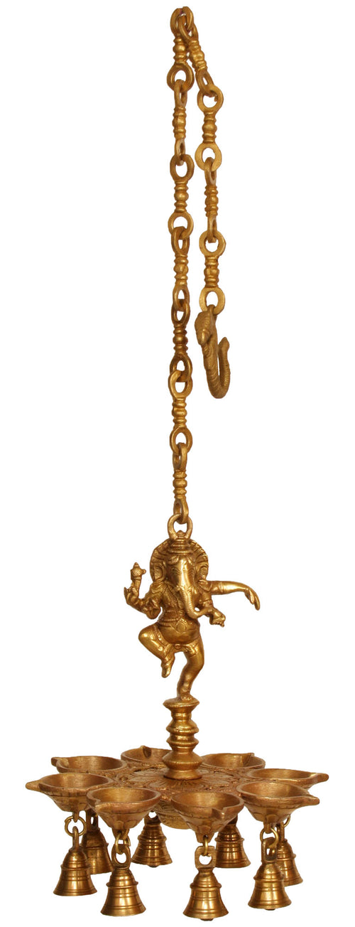 12" Handmade Dancing Ganesha Brass Puja Lamp with Bells