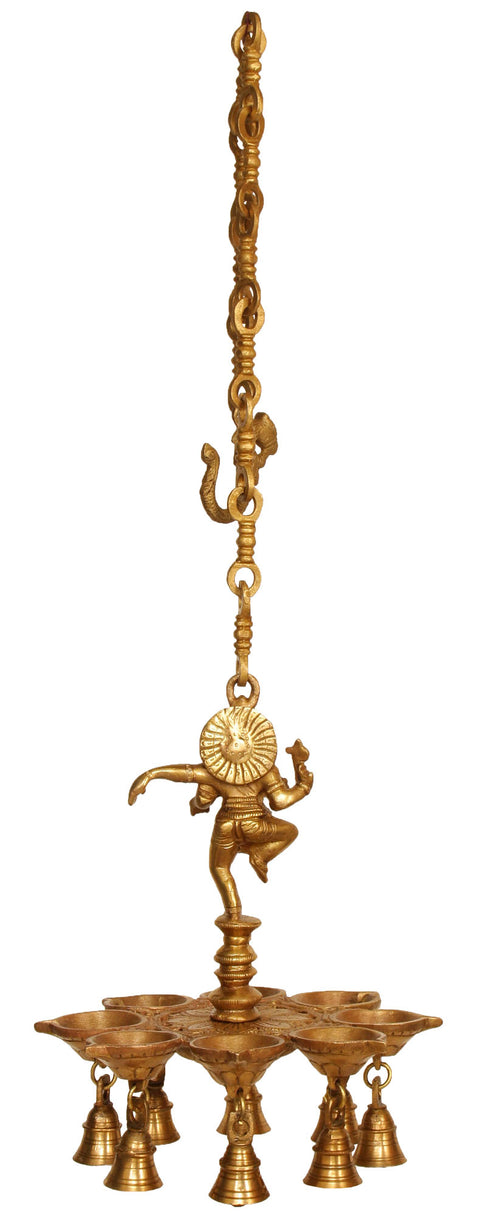 12" Dancing Ganesha Hanging Brass Puja Lamp with Bells | Handmade | Made in India