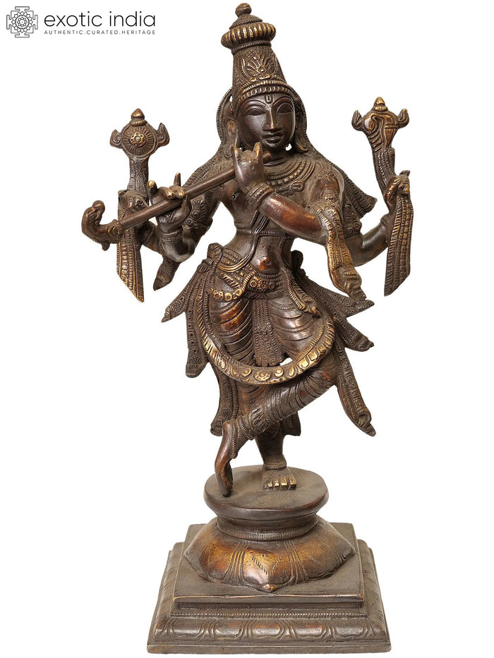 12" Krishna Tribhanga Handmade Brass Statue for Pooja