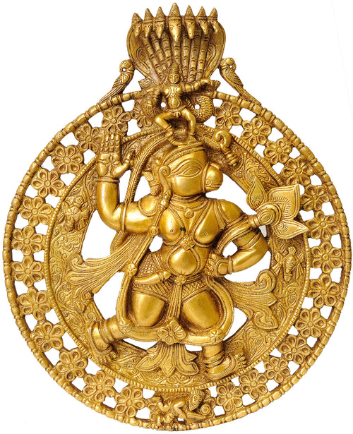 12" Hanuman Carrying Krishna Brass Wall Hanging Statue