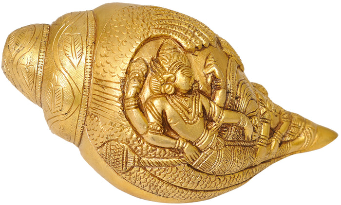 6" Sheshshayi Vishnu Handmade Brass Conch Statue