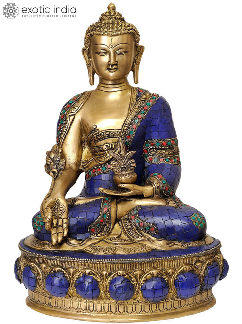 14" Lapis Buddha of Healing Brass Statue with Inlay Handmade