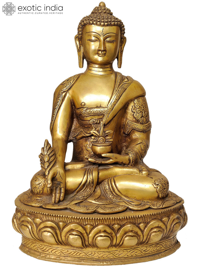 15" Handmade Medicine Buddha Brass Statue with Auspicious Symbols