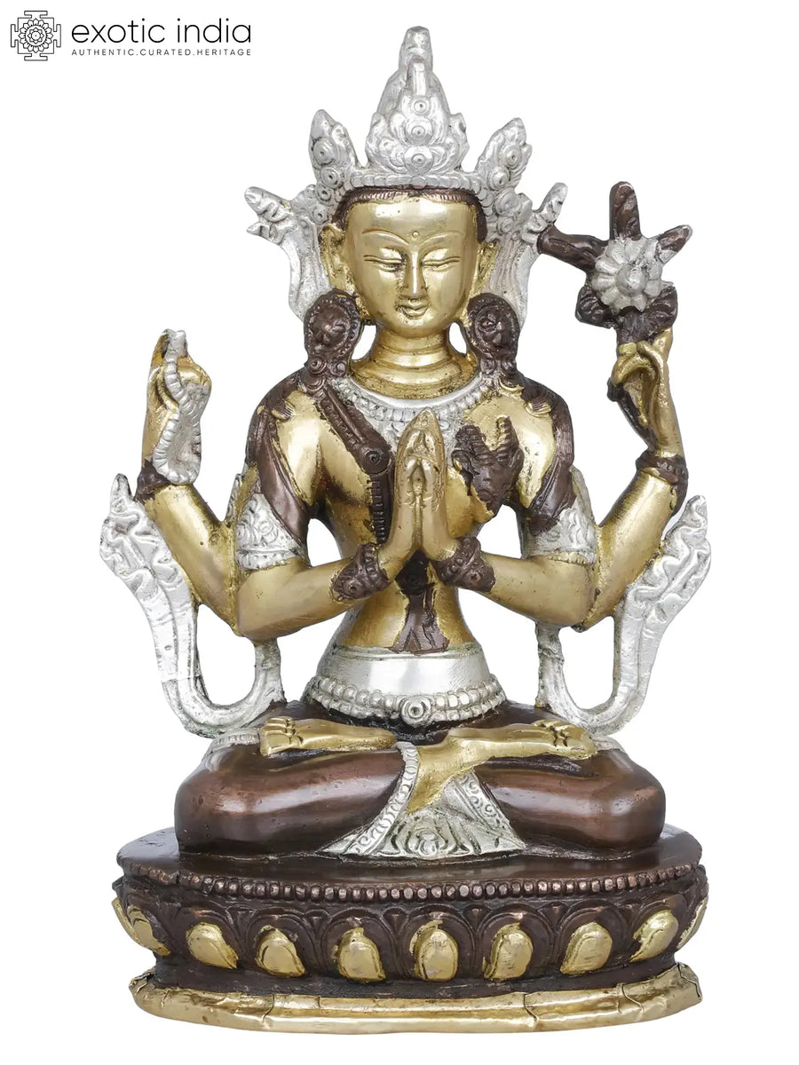 8" Four Armed Avalokiteshvara Chenrezig Handmade Brass Statue