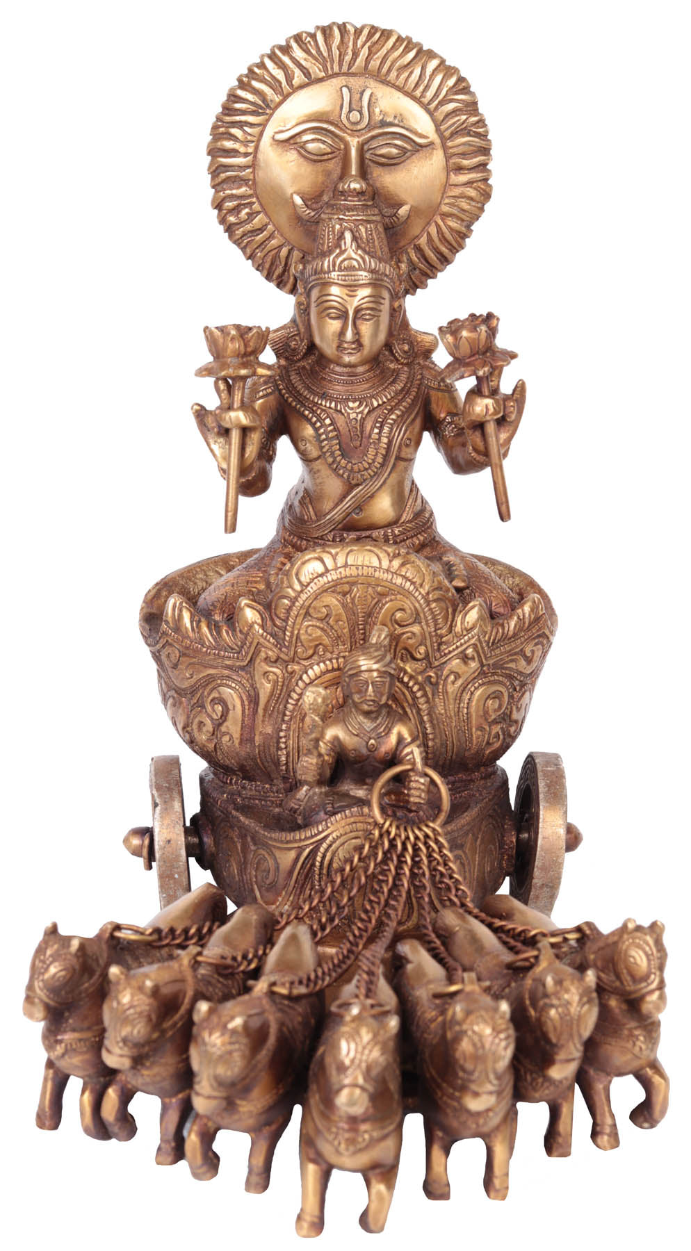 11" Lord Surya Brass Statue on Seven Horse Chariot Handmade