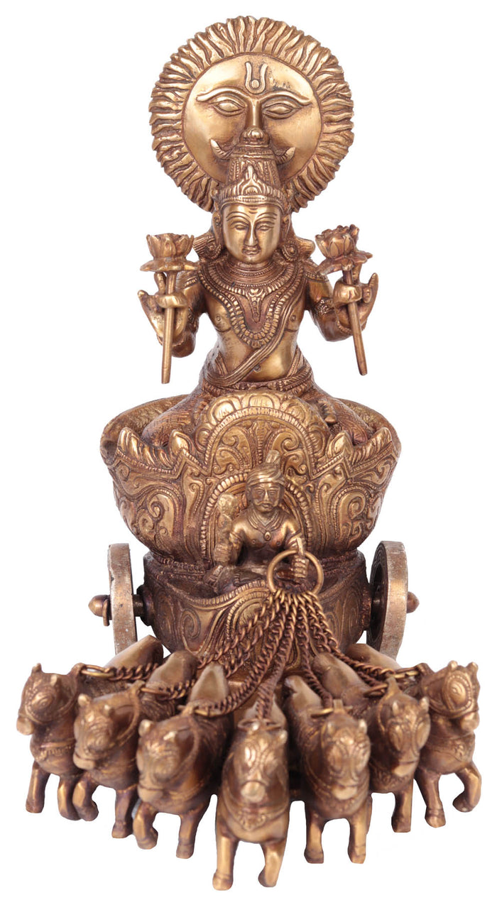 11" Lord Surya Brass Statue on Seven Horse Chariot Handmade