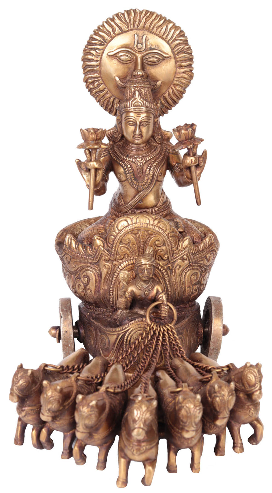 11" Lord Surya Brass Statue on Seven Horse Chariot Handmade
