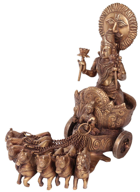 11" Lord Surya Statue on His Seven Horses Chariot in Brass | Handmade | Made in India