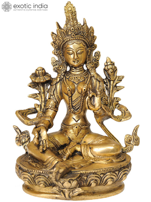 8" Handmade Green Tara Tibetan Buddhist Goddess Brass Statue