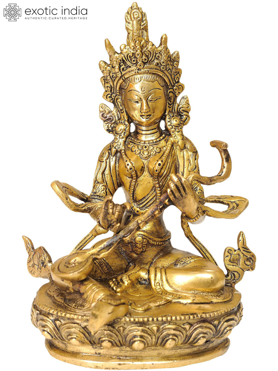 8" Handmade Brass Saraswati Idol Nepalese Form