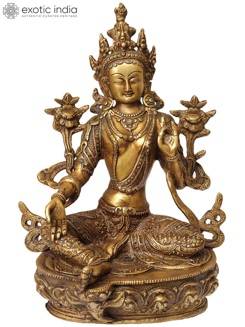 12" Green Tara Brass Statue Handmade Buddhist Goddess