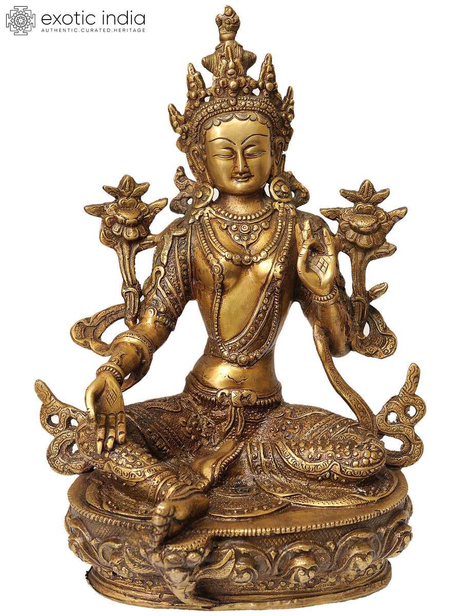 12" Green Tara Brass Statue Handmade Buddhist Goddess