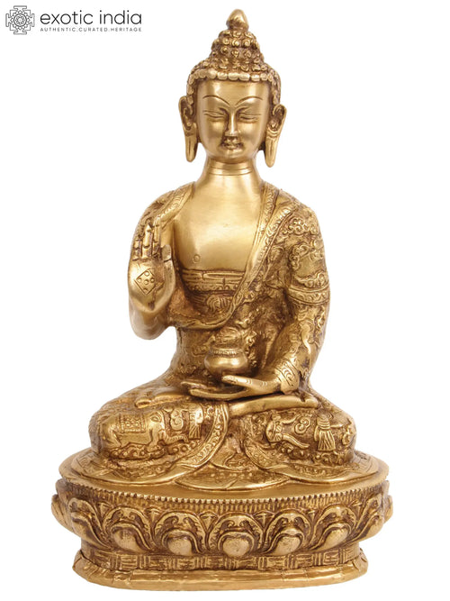 10" Handmade Buddha Vitarka Mudra Brass Statue with Life Scene Robes